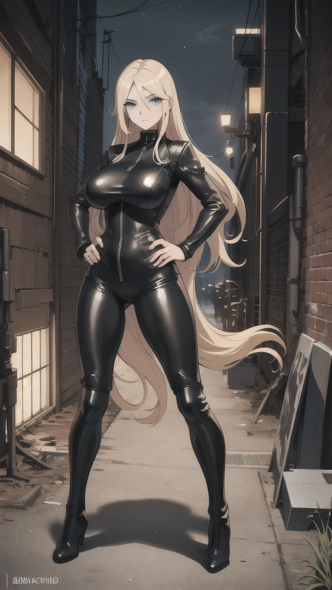 Masterpiece, best quality, Masterpiece, best quality, 1 woman, long blonde hair , Black leather motorcycle suit , big breasts , abdomen , Long legs , Put your hands on your hips. , boots , full body , abandoned factory , at night