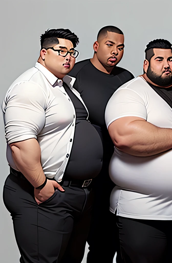 three extremely fat asian boys, black shirt, black pants, belt, very big belly, 300 pounds heavy, obese, massive stomach, wearing glasses, white jacket
