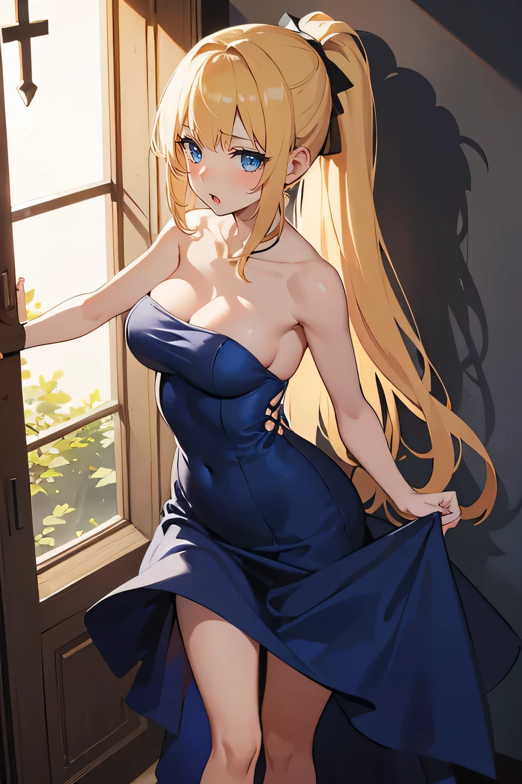 Safe for work, masterpiece, best quality, solo, 1 girl, facing forward, looking at camera, (young female body:1.4), ( medium breasts), slender legs, golden yellow hair, extra long hair, blunt bangs, crystal blue eyes, very detailed eyes, castle hallway background, ponytail, dark hallway, leaning on wall, dark blue dress, form fitting dress, flustered expression, arched back, arching her back, extra short dress, very short blue dress, sleeveless dress, chest pressed against wall, leaning against wall, both hands on wall, arched ass, strapless dress, backless dress, exposed back, leaning down, face pressed against wall