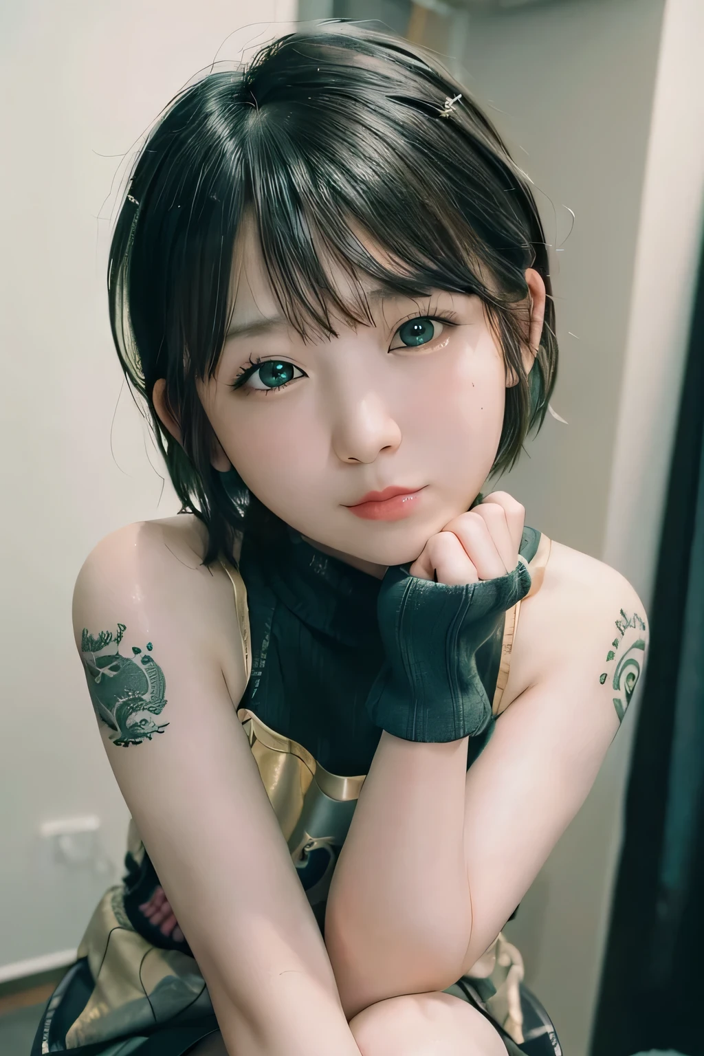 masterpiece、highest quality、8k、(Crazy super short hair:1.5　)、Black Hair、head band　、1 girl、12 years old、Detailed face and eyes、(Green Eyes:1.5)、、、、Perfect body、The ultimate beautiful girl、Perfect beauty、、Place your hands on your knees、、(Leaning forward)、(Show me your shoulders)、Flat body、slim、cute、change、White skin、Round face、Such a cute little face、Thick shoulder sweater、((Dragon Tattoo:1.3))、Dragon Cosplay、(Headshot closeup:1.3)