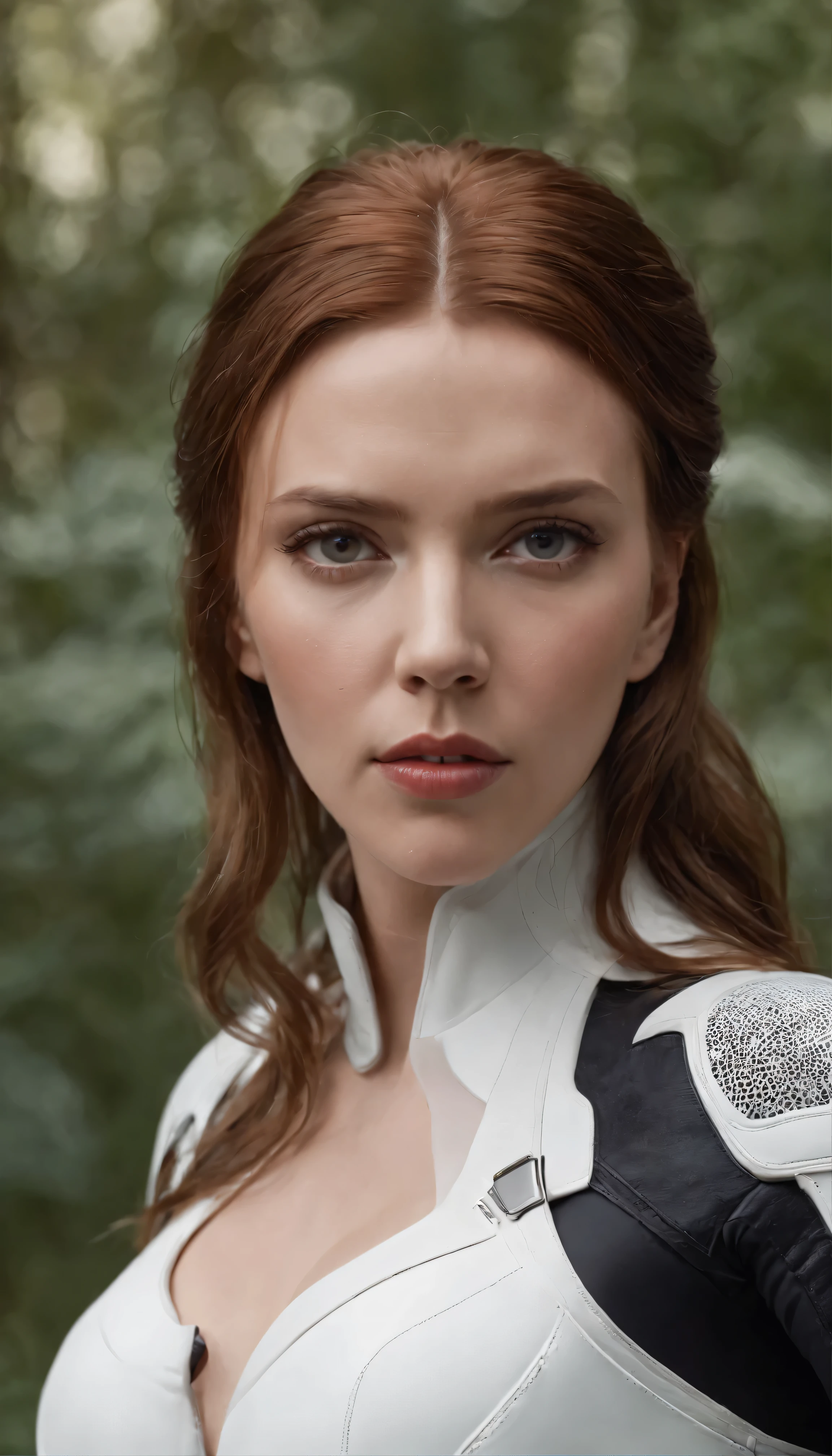 with high definition images，Scarlett Johansson in a white armored suit as Black Widow、Dressed in a pure white armored suit、A mesmerizing visual depiction of high-definition movie scenes featuring sophisticated weaponry being expertly fired.。The intricate details of her face、Showcasing her striking features and intense focueticulously depicted。The background is dark、Sets a mysterious and dramatic tone、Accentuated by Dutch angles for a cinematic effect。Scarlett Johansson&#39;s face details