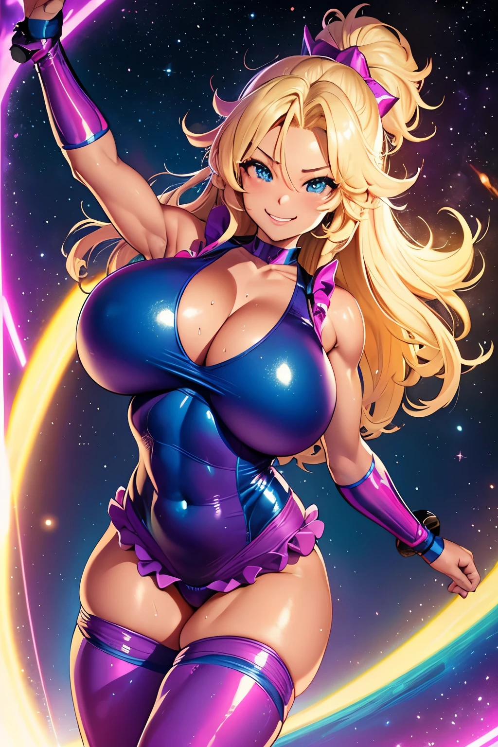 Digital Painting, Superhero, Muscle Girl in bodysuit, Korean idol face, blonde long hair in wind, smiling young girl, pose, fist up, Raise your arms, ((From above)), 1 ((Raise your knees)), Behance Contest Winner, Afrofuturism, Synthwave, neon, glowing neon, tight ((((sagging massive breasts)))), mini skirt with frill, Fluttering cape, ribbon, intricate micro bikini, Large areola, Big nipples, Sweat, glossy silky skin, ((smile)), Thick waist, cosmic sparkling in space, Real Background, frying, in dynamic perspective, in (:Realistic:0.5) detailed coloring finished, 4K much more,