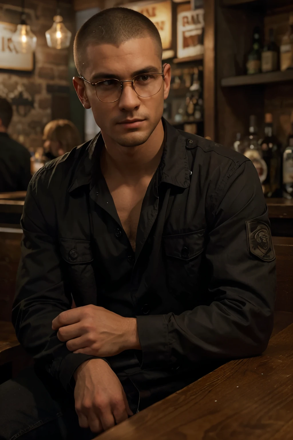 A 25-year-old man sits at a bar across from his long-time friend. His hair is cut short in a military-style buzz cut, giving him a clean and disciplined look. He wears a black jacket, casually unbuttoned to reveal a black shirt underneath with the top two buttons undone. The casual style contrasts slightly with the intensity of his haircut, hinting at a laid-back yet purposeful demeanor. The bar is dimly lit, with the warm glow of hanging lights casting a soft shadow on his face as he leans in slightly, engaging deeply in conversation with his friend. The atmosphere is relaxed, filled with the ambient noise of clinking glasses and muted chatter.









