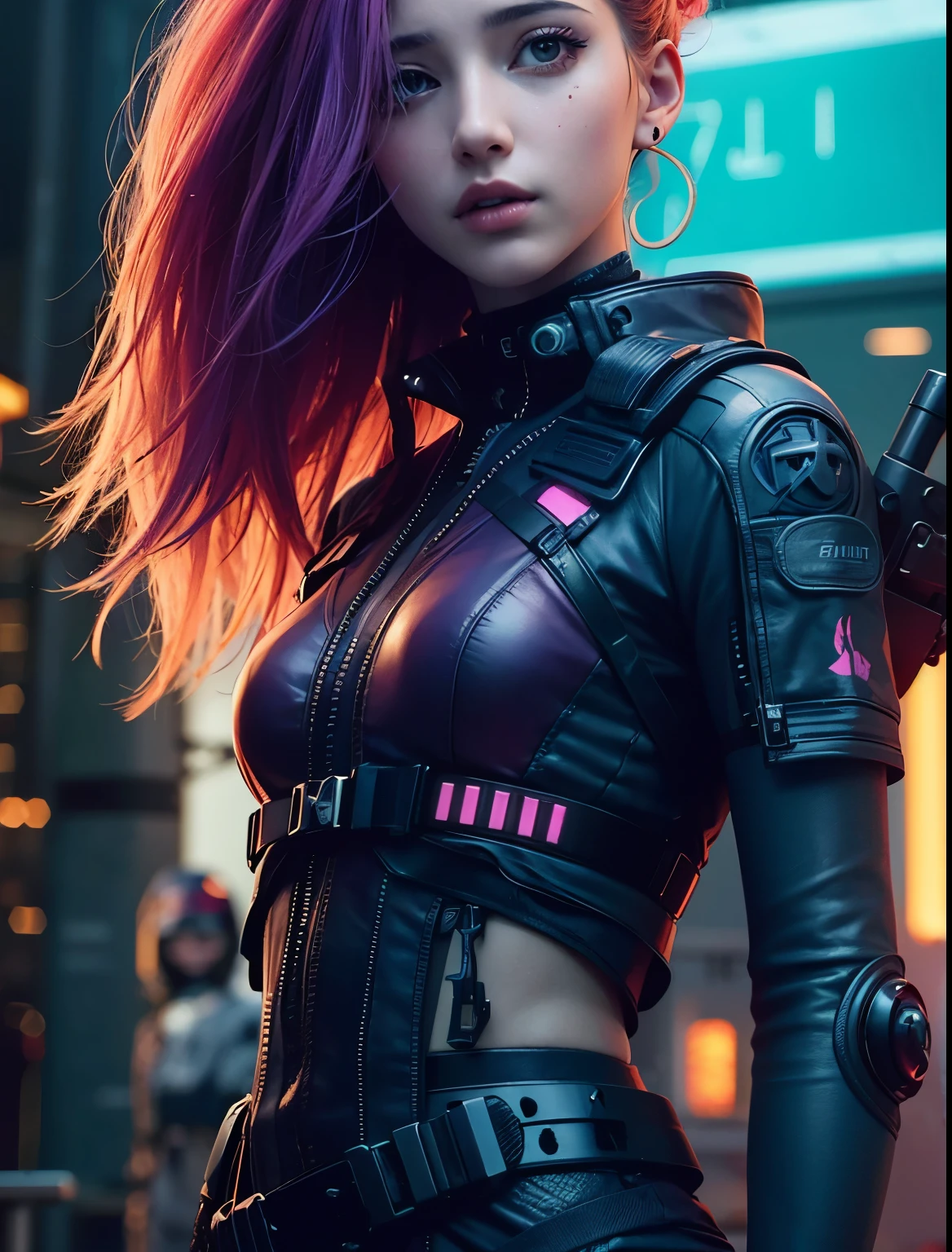 Waist up Emily Rudd in stylist cyberpunk battle suit combat (masterpiece), best quality, perfect face 