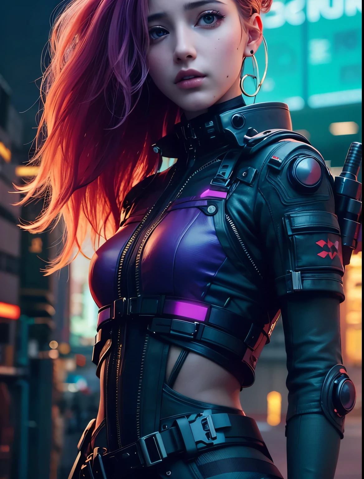 Waist up Emily Rudd in stylist cyberpunk battle suit combat (masterpiece), best quality, perfect face