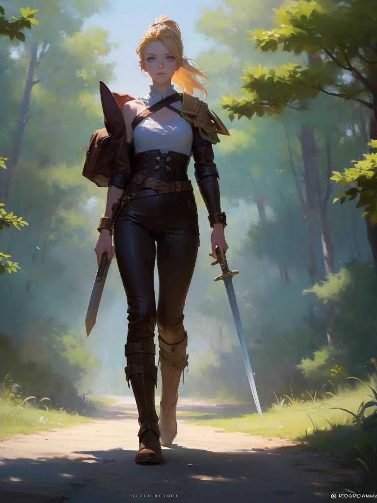 masterpiece, best quality, rpg character art, epic fantasy art style, 1 woman, Emily, 18 year old woman, mature and confident demeanor, full body fantasy concept art, blond hair tied in a ponytail, hair comes down to her mid-back, crystal blue eyes, high detail, wearing adventurer gear, long sleeve white form fitting top, (((top has small brown leather shoulder pads))), dark brown slightly loose pants, brown boots, backpack, (((sword sheathed at her waist))), backpack is on her back, attire is modest but feminine, intricate details, ultra high resolution, sharp focus, HD, 8k, clear facial features, clear details, walking through a forest while beaing away of her surroundings, zoomed out view, looking away from viewer