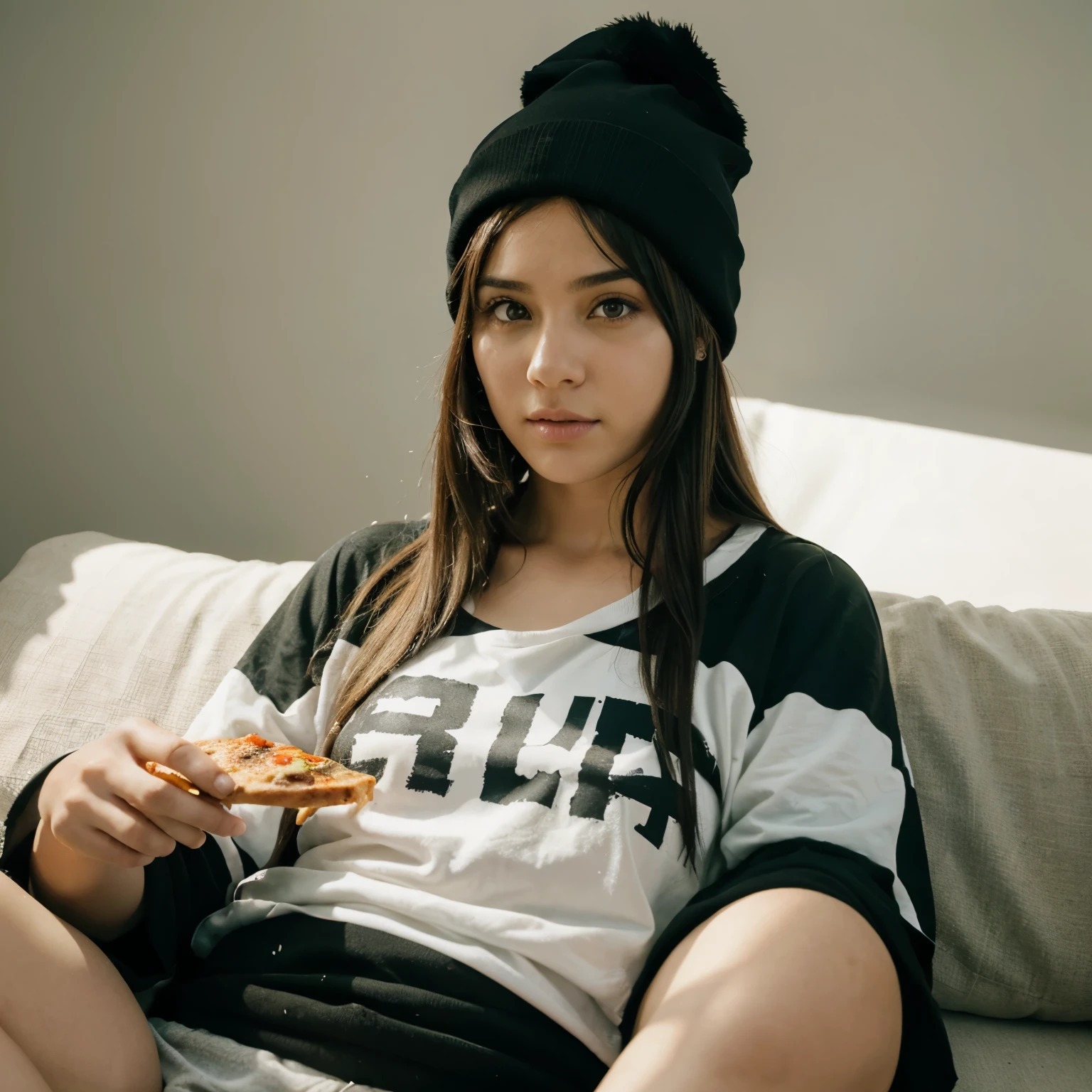 Pareja comiendo pizza en el sillon de un living viendo anime. El hico es alto y moreno con un gorro negro. La chica es bajita de piel blanca y ojos claros, tiene poleron verde y el pelo largo y negro