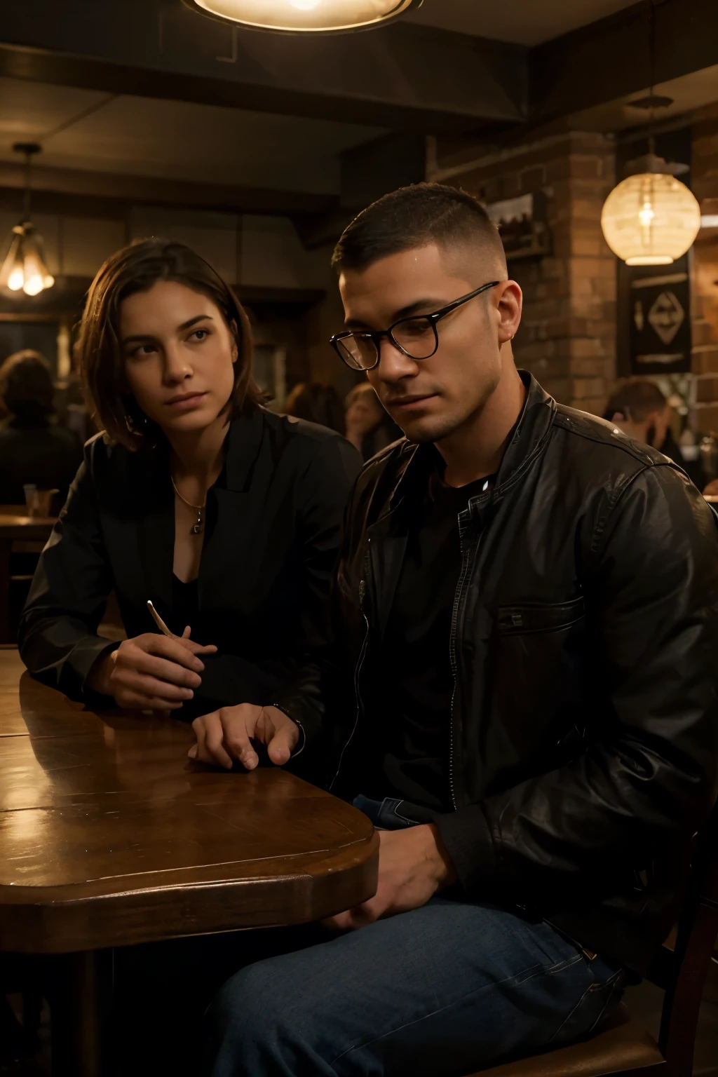 A 25-year-old man sits at a bar across from his long-time friend. His hair is cut short in a military-style buzz cut, giving him a clean and disciplined look. He wears a black jacket, casually unbuttoned to reveal a black shirt underneath with the top two buttons undone. Seated directly opposite him is his friend, who appears equally relaxed and engaged in their conversation. The bar is dimly lit, with the warm glow of hanging lights casting a soft shadow on their faces as they lean in slightly, engrossed in their dialogue. The background features the ambient noise of clinking glasses and muted chatter, enhancing the relaxed yet intimate atmosphere of their meeting. Both friends are captured in a moment of genuine connection, reflecting years of shared experiences and mutual understanding.