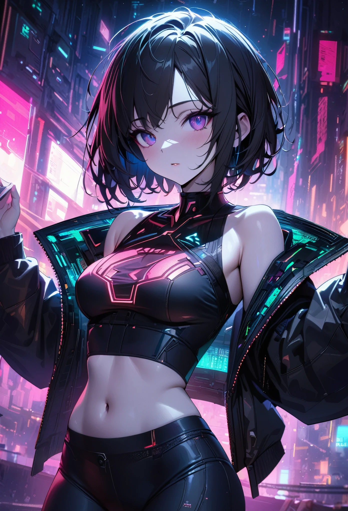 a futuristic female warrior holding a katana, (Delicate skin), pale skin, (in a deep neckline highly detailed sexy futuristic cyberpunk black crop top and underpants made of circuit boards, Japanese word with flare effect, beautiful epic work, futuristic, masterpiece, attractive, Posing for photos