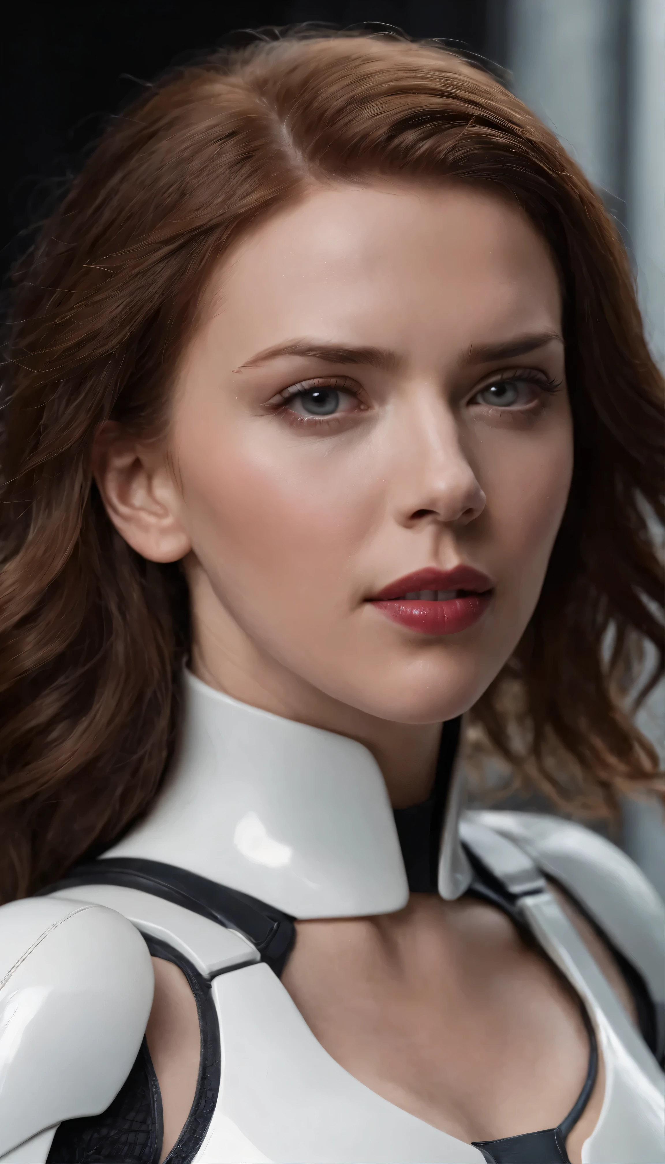 with high definition images,Scarlett Johansson in a white armored suit as Black Widow、Dressed in a pure white armored suit、A mesmerizing visual depiction of high-definition movie scenes featuring sophisticated weaponry being expertly fired.。The intricate details of her face、Showcasing her striking features and intense focueticulously depicted。The background is dark、Sets a mysterious and dramatic tone、Accentuated by Dutch angles for a cinematic effect。Scarlett Johansson's face details