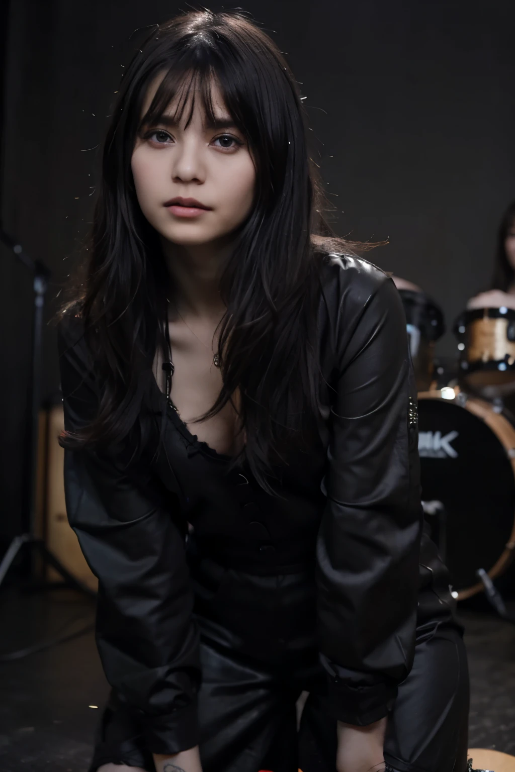 high-quality digital art, Rock concert, Young woman, black-amber hair color, healthy slim and fit body, Brown eyes, eyelashes, ((Dark rocker clothes)), ((rock guitar))