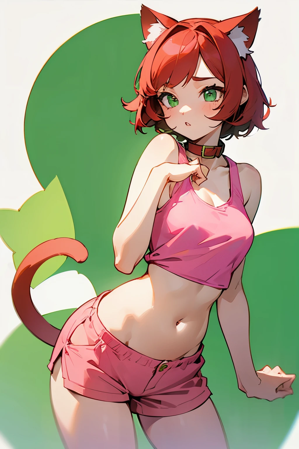 Girl, short red hair, green eyes, cat ears, cat collar, cat tail, Wings, Pink shorts, Round breasts, short white tank top, Exposed belly
