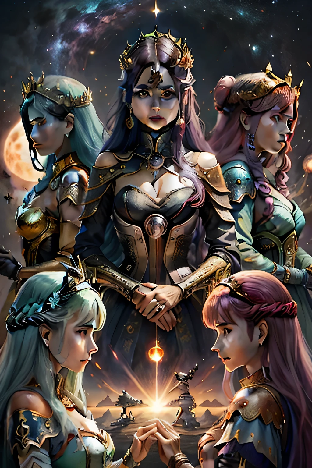 six women queen in galaxy reunidas para um confronto contra o sol. cores quentes, etnia variada