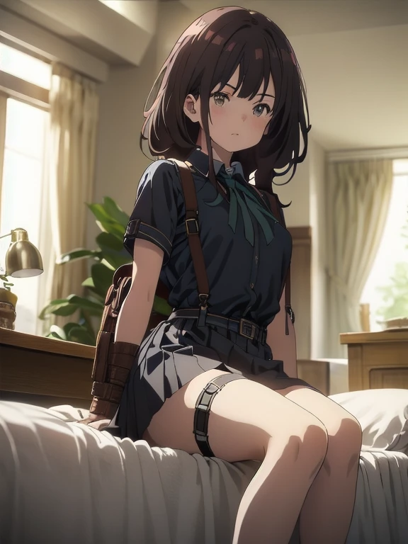 ​masterpiece、flat-colors、depth of fields、lens flare 1 girl、、Brown hair、watching at viewers　　　black suspenders　　　Bulging big breasts　　　 　 Armpit sweat　perspiring　Side of both hands　　walls: 　Black miniskirt　garters　　　　　　Gaze　　　Small face　bangss 　flank　　　　holster　　Belt Armament　Beautuful Women　srestrained　Hands behind your back　On the bed　Leg holster