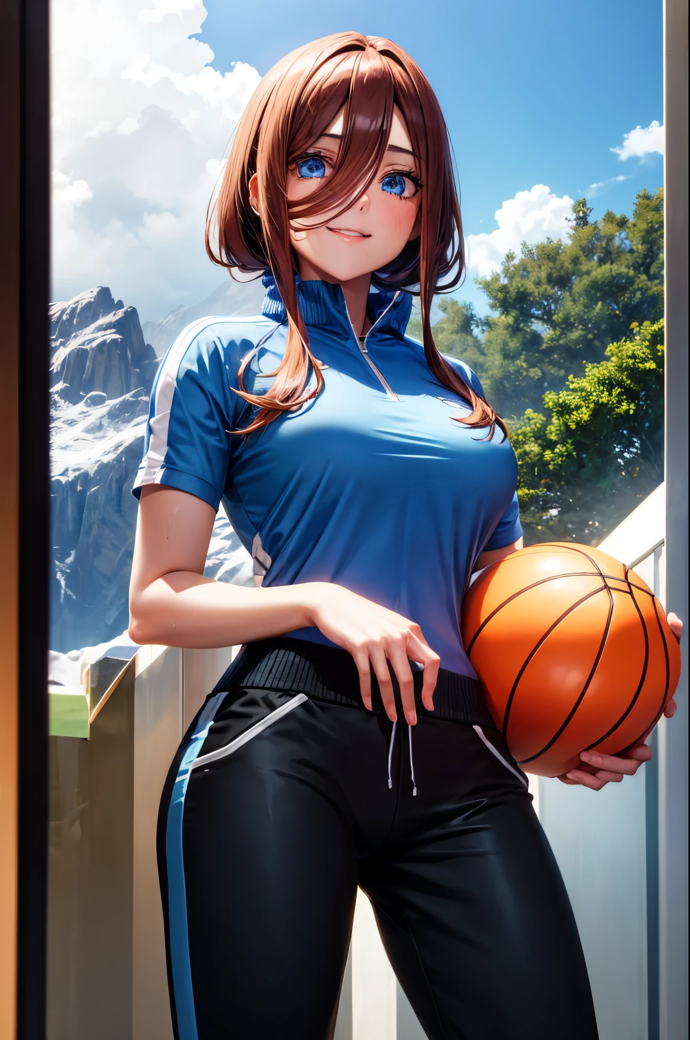 beautiful girl, fair skin, smooth skin, (pitch black hair), (deep blue eyes), (masterpiece), hdr, 3d, (long legs), (trackpants and orange basketball jersey), holding her ponytail, holding a rubber band in her mouth, (looking towards me(screen)), smiling, cute, (beautiful), see through, no bra, cute, delicate, 8k resolution, closeup shot, green valley in background with snow on mountain tops, blue crystal clear water, slightly sweaty, cute,