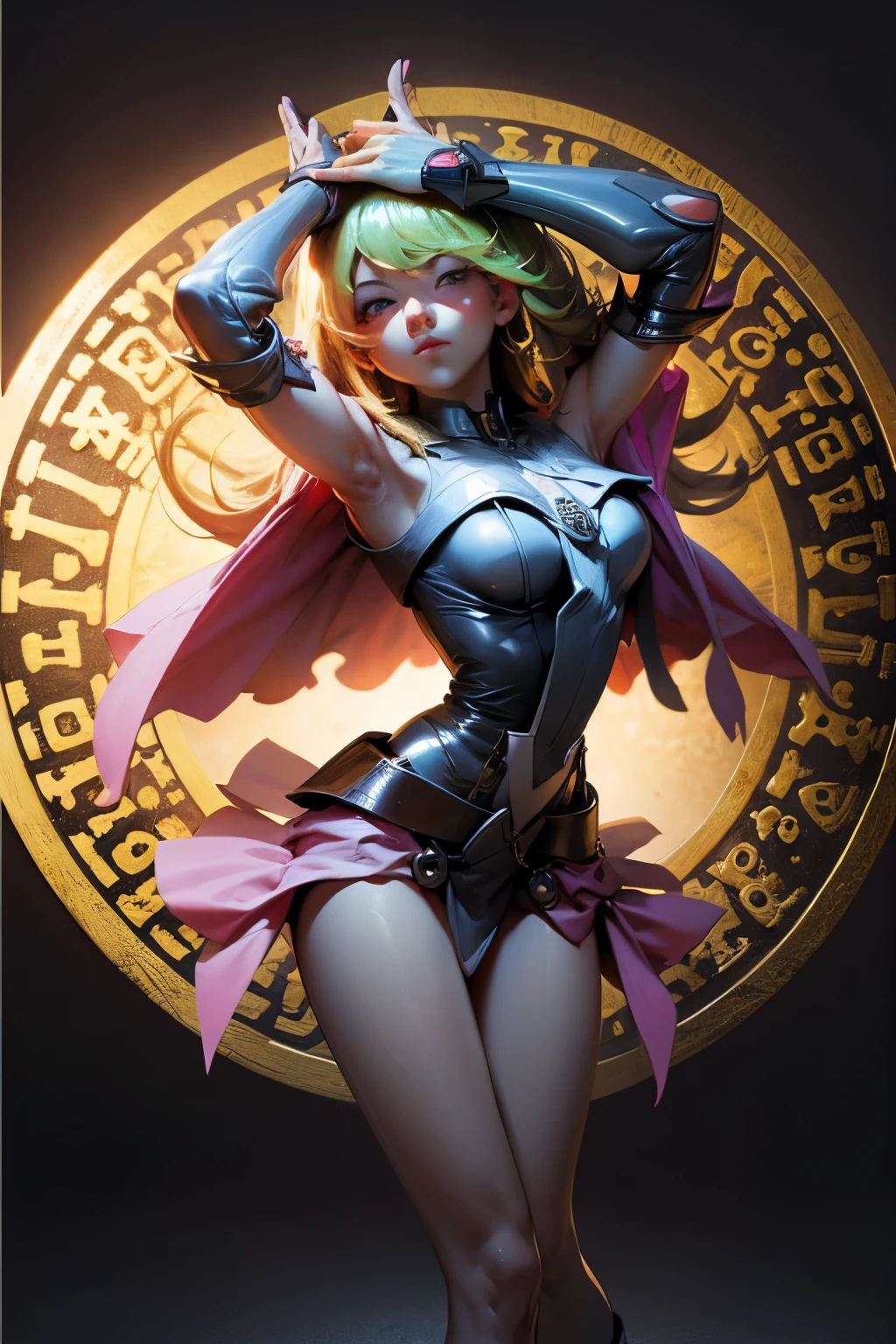 dark magician gils. Cabello rubio extra largo. Ojos verdes. magic circle background. Pose sensual y sejustiva.