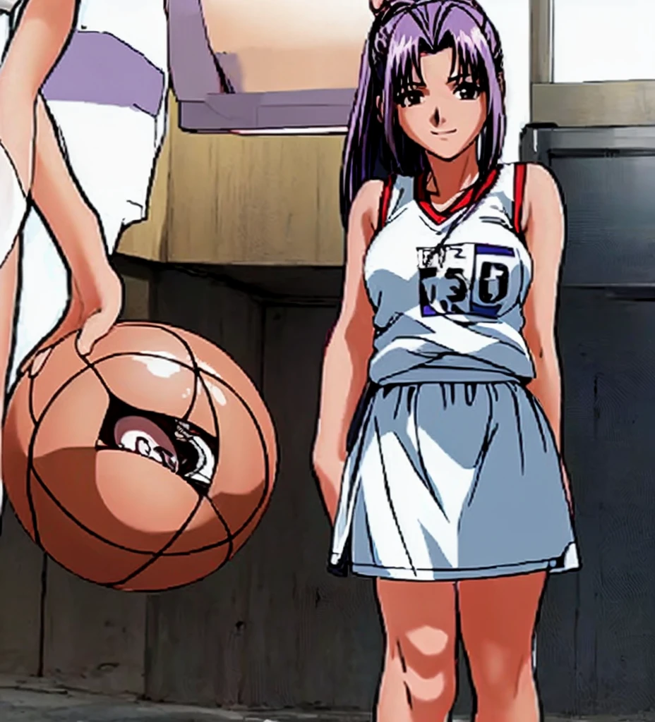 Momoko Koigakubo, a tall girl with beautiful legs, is standing in a gym wearing white gym clothes and light navy blue bloomers that look like panties, with her legs spread to the sides, smiling and holding a basketball.。