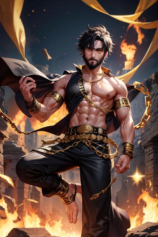 Man, 30 years old, short black and black hair, with black beard, short messy hair, black dark skin, yellow eyes, djinn clothing, open sleeveless gold vest, purple vest with black Arabic print, black Arabic pants, gold belt, djinn bracelet with gems, black boots, brown boots, phosphorescent black tattoos, surrounded by fire and blue smoke with magic circles with chains tied to hands and feet surrounded by white chains on a background of arabic ruins. with magic circles and a crown of fire on his head, slim and muscular build