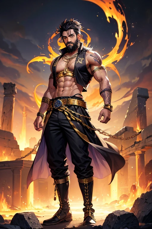 Man, 30 years old, short black and black hair, with black beard, short messy hair, black dark skin, yellow eyes, djinn clothing, open sleeveless gold vest, purple vest with black Arabic print, black Arabic pants, gold belt, djinn bracelet with gems, black boots, brown boots, phosphorescent black tattoos, surrounded by fire and blue smoke with magic circles with chains tied to hands and feet surrounded by white chains on a background of arabic ruins. with magic circles and a crown of fire on his head, slim and muscular build