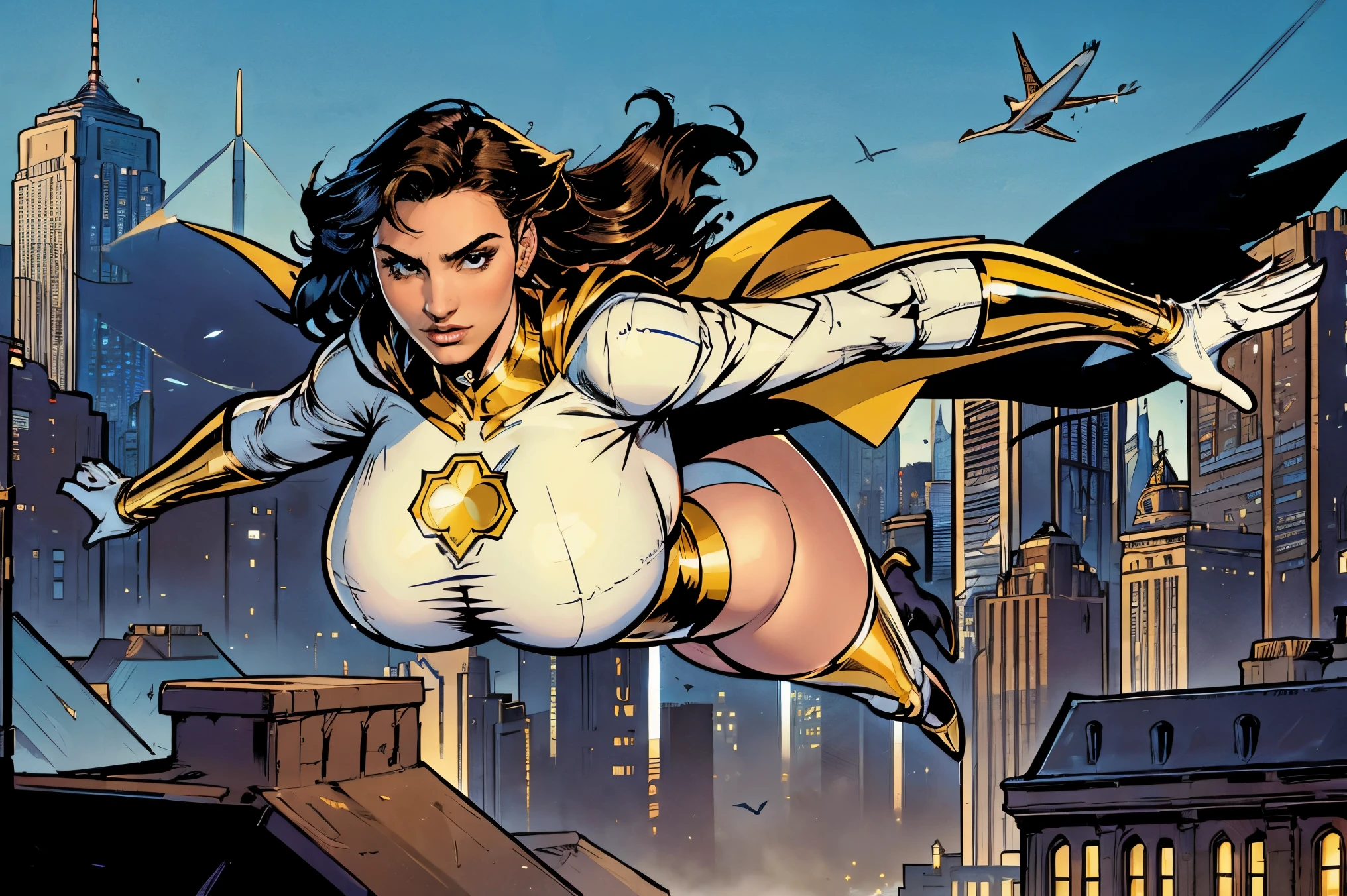 Gorgeous and sultry busty athletic (thin) brunette with sharp facial features and a (large nose) and (huge boobs) wearing a white and gold superhero leotard, cape, gloves, thigh-high boots. (((Flying))), city skyline.