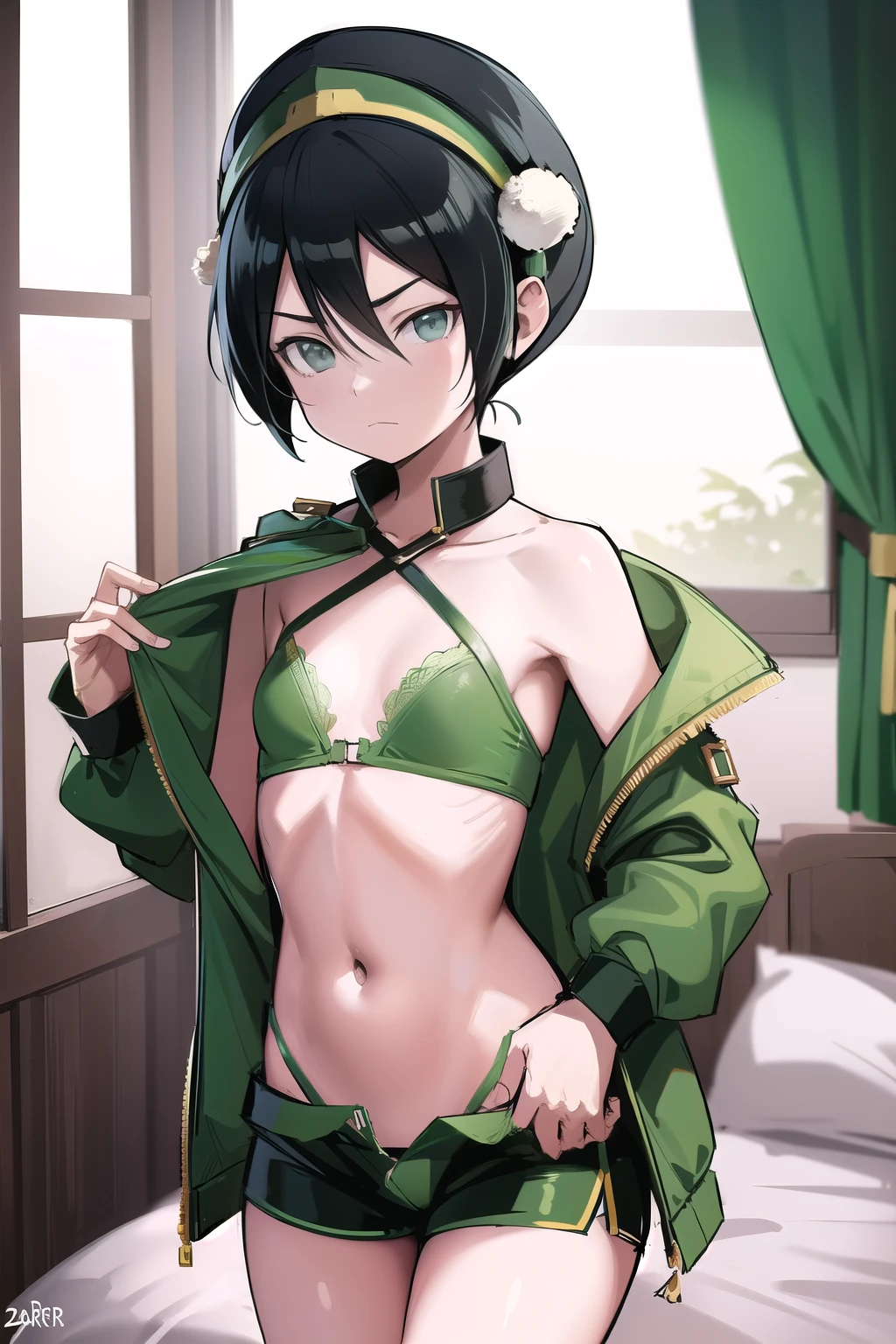 absurdres, highres, ultra detailed, toph beifong , disappointed  face , solo , gren jacket, open clothes,  bra , flat chest  ,shorts , looking at viewer , bedroom . 