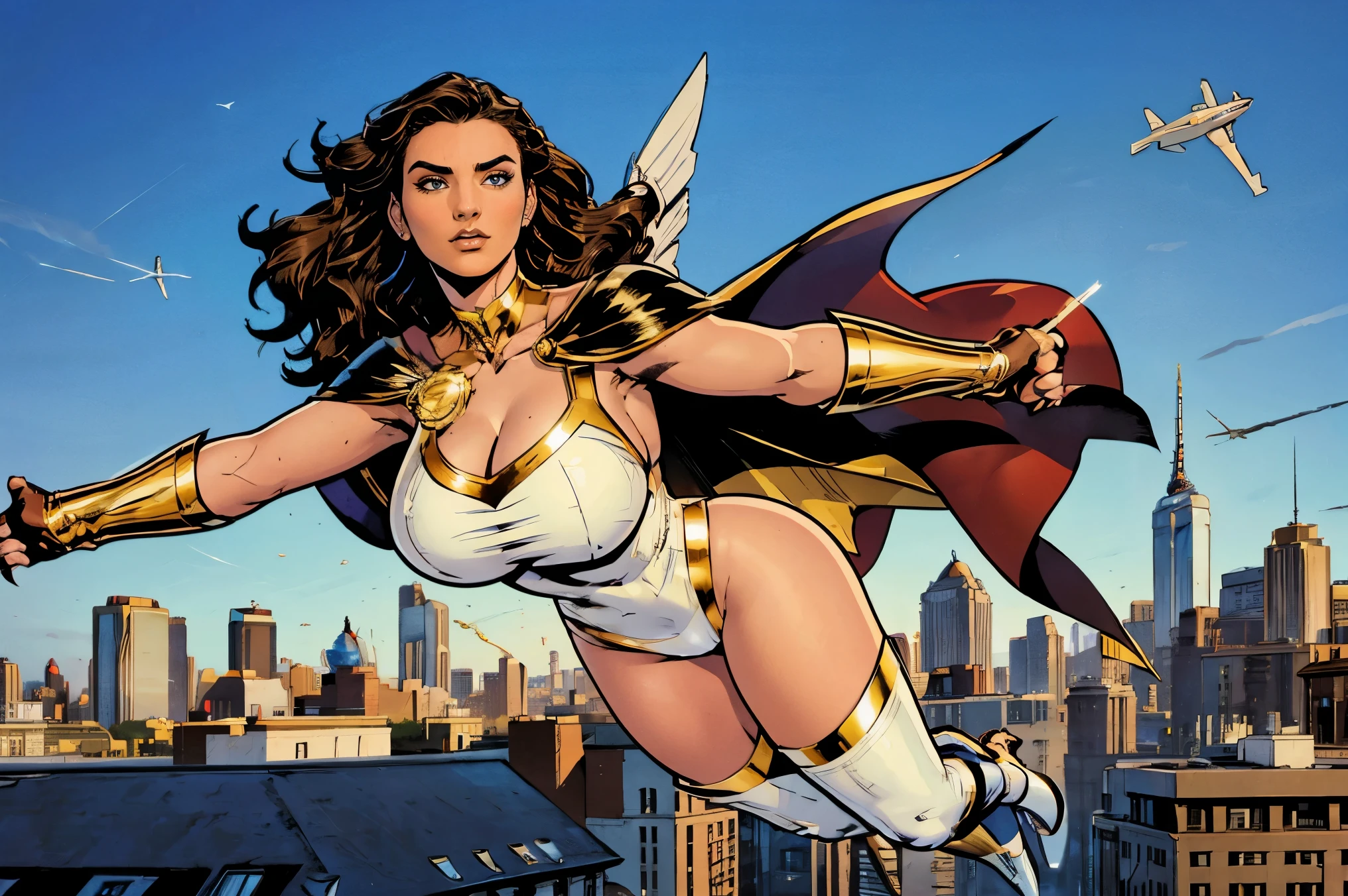 Gorgeous and sultry busty athletic (thin) brunette with sharp facial features and a (large nose) and (huge boobs) wearing a long-sleeve white and gold superhero leotard, cape, gloves, thigh-high boots