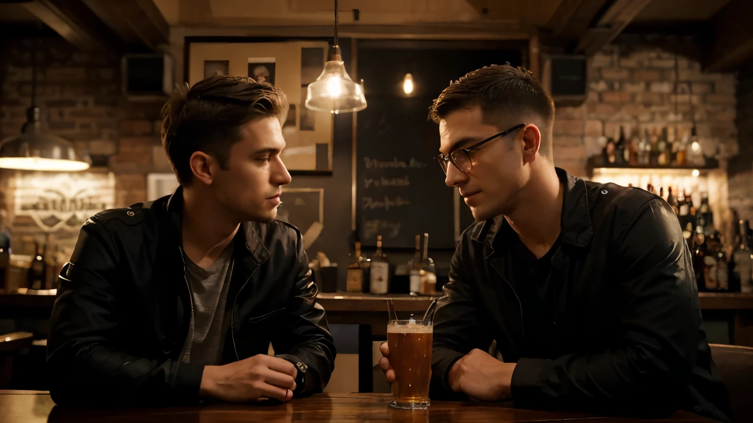 A 25-year-old man sits at a bar across from his father. His hair is cut short in a military-style buzz cut, giving him a clean and disciplined look. He wears a black jacket, casually unbuttoned to reveal a black shirt underneath with the top two buttons undone. Seated directly opposite him is his father, who exudes a sense of wisdom and warmth. The bar is dimly lit, with the warm glow of hanging lights casting a soft shadow on their faces as they lean in slightly, deeply engaged in their conversation. The background is filled with the ambient noise of clinking glasses and muted chatter, creating a relaxed yet intimate atmosphere. The scene captures a moment of genuine connection and understanding between the two, reflecting their close relationship and shared history.