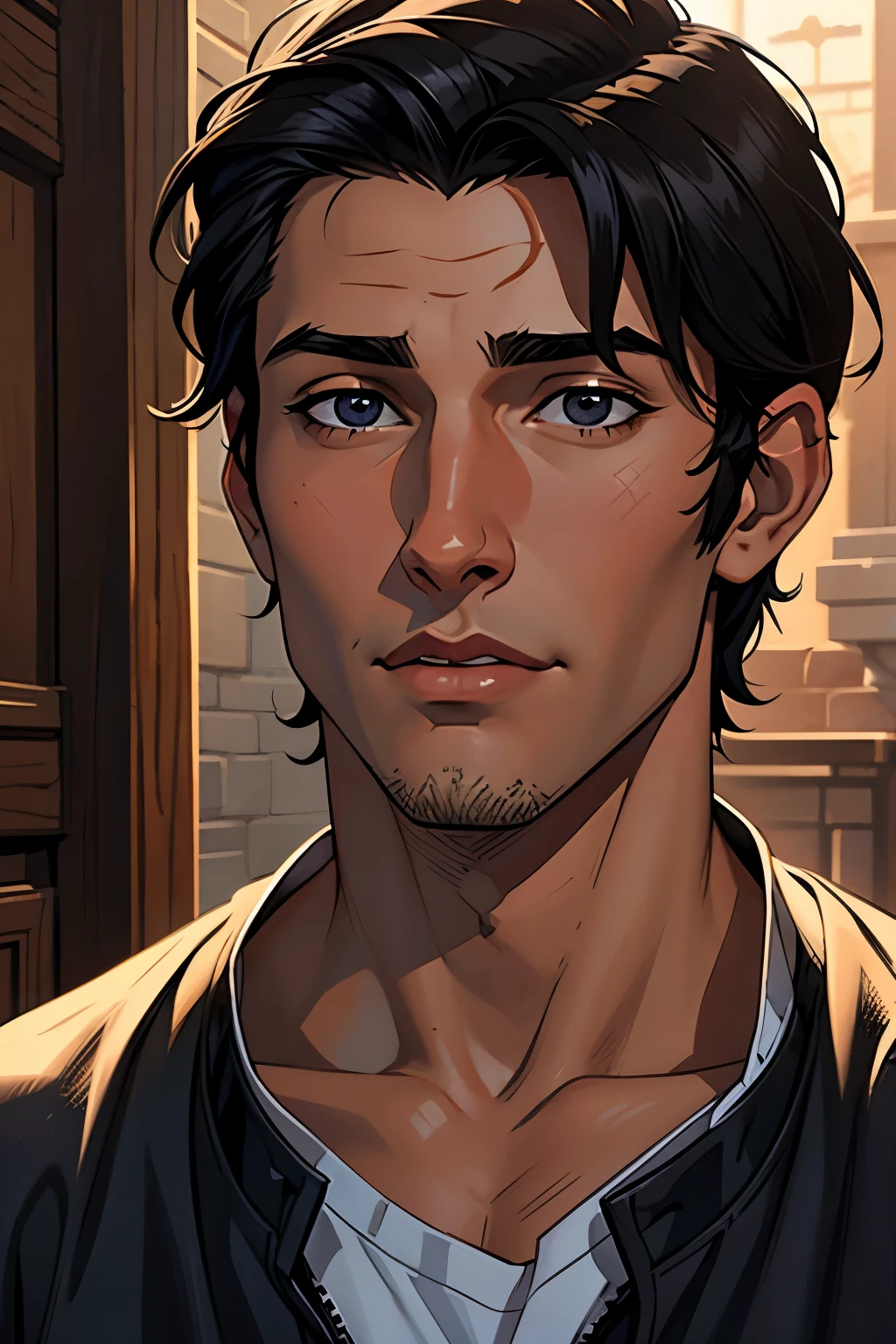 Flynn Rider, 19 years old, short_black_hair, dark_skin, black_eyes, retrato, white_shirt