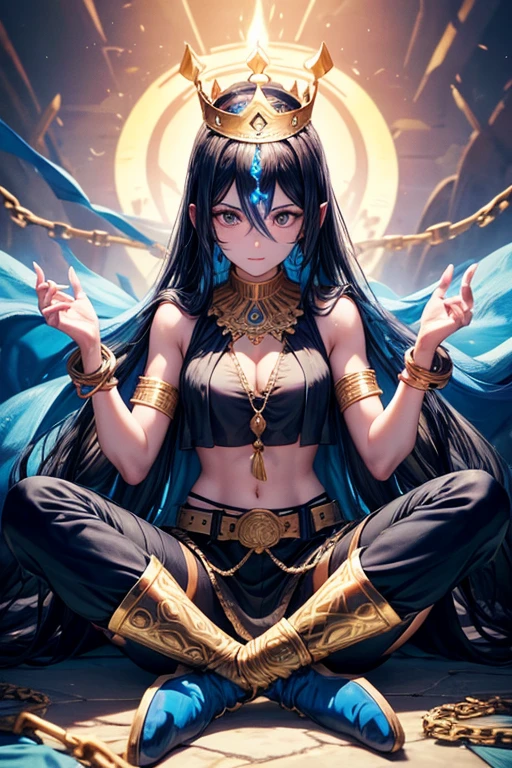 30 year old woman, long black hair, long messy hair, black eyes, djinn clothing, open blue sleeveless vest, blue vest with white Arabic print, light blue Arabic pants, gold belt, djinn bracelet with gems, blue boots, brown boots, phosphorescent blue tattoos, surrounded by fire and blue smoke with magic circles with chains tied to hands and feet surrounded by white chains on a background of arabic ruins. with magic circles and a crown of fire on his head, slim build