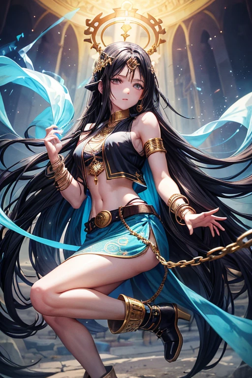 30 year old woman, long black hair, long messy hair, black eyes, djinn clothing, open blue sleeveless vest, blue vest with white Arabic print, light blue Arabic pants, gold belt, djinn bracelet with gems, blue boots, brown boots, phosphorescent blue tattoos, surrounded by fire and blue smoke with magic circles with chains tied to hands and feet surrounded by white chains on a background of arabic ruins. with magic circles and a crown of fire on his head, slim build