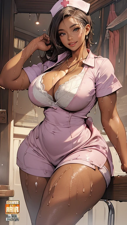 ((masterpiece)),(((best quality))),((Character Design Sheet)),((rough sketch)),((vulgar)),(Cover Shop)Thick thighs,African Girl,Smile,((Between breasts)),juice,((Wearing wet nurse and nurse cap)),Half-lifted shirt,Express breast milk(((Large Breasts、Low-cut，Cleavage, Wide hips,)))((Long legs)),Hourglass figure,