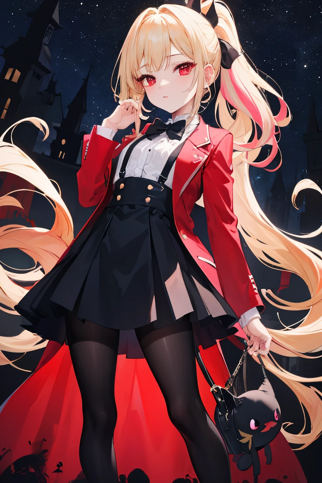 1girl, long blonde hair with light blonde and pink highlights, hair is tied into a twice-banded low ponytail, blonde bangs flip to the left with a curl, untucked white long-sleeved dress-shirt, red cheeks, red eyes, small black bowtie, black suspenders, red tuxedo jacket, dark-red lapels, red fitted pants, black and white saddle shoes, looks like Charlie Morningstar, Hazbin Hotel, night sky, absurdres, high res, ultrasharp, 8K, masterpiece, looking at viewer