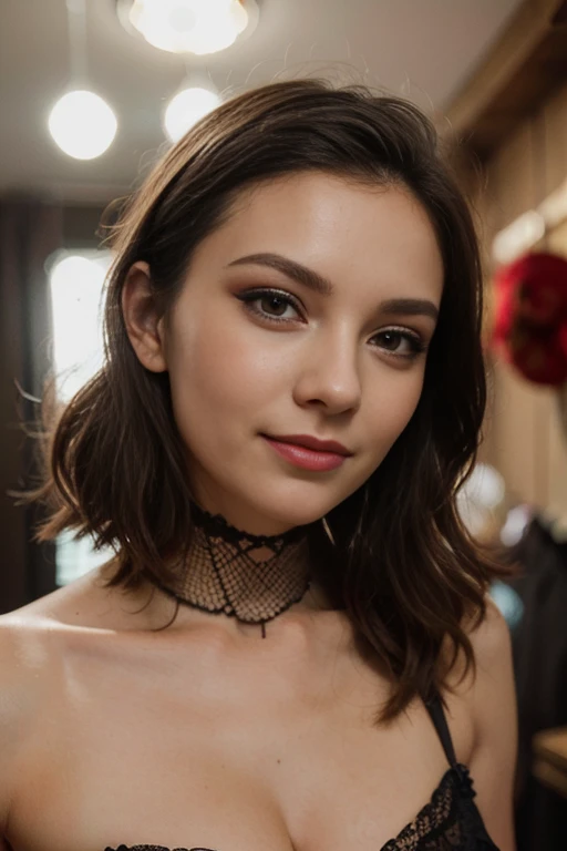 25 ans, brune, yeux marrons, delicate, professional light, flash lit, poudre de contour, sexy, French touch, cheveux de longueur moyenne, grains de beauté, sourire romantique, Seductive look, pose coquine, bonne couverture, éclairée par les flashs des photographes, skin details, pores de la peau, Appareil photo numérique Kodak Smile 10MP, tendance on Behance, colorful clothes, ornement de cheveux, hairclip, cheveux moyens, rougit, (des mains parfaites) , dans un studio photo professionnel, flashs de photographes, sexy, Mother Christmas, red make up, red mascara, lingerie rouge, fishnet corset