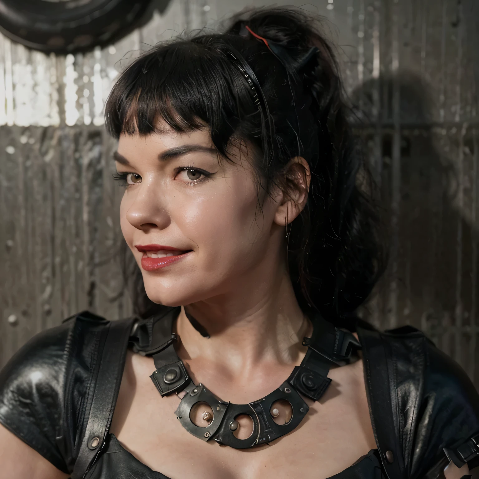 a girl Mad Max inspirado, heavy metal artwork , 25 years old, sensually smiling Bettie Page, ponytail, black hair, mouth open, completly dressed in a steampunk dress, black skirt, red lipstick, ((detailed black leather gloves)), together with her lover secret finally they can have doggy style anal sex , perfect body, perfect penis, lots of sperm from the mouth, 4k, 8k, (HD) ((the photo is from his side)) 