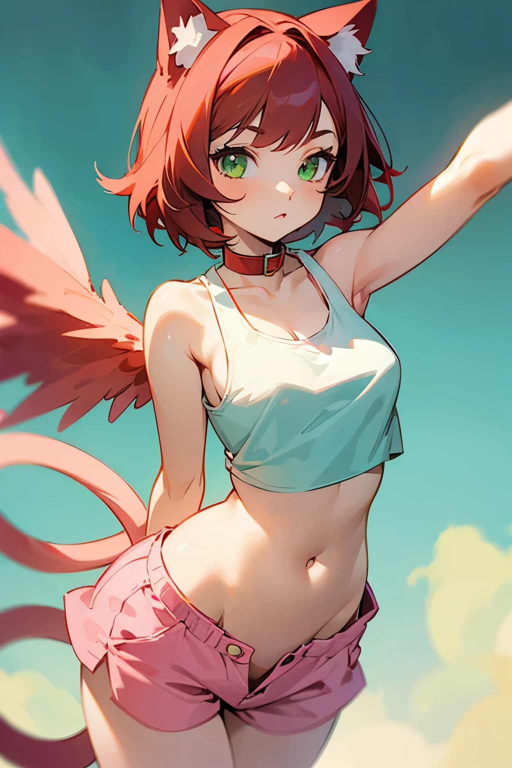 Girl, short red hair, green eyes, cat ears, cat collar, cat tail, Wings, Pink shorts, Round breasts, short white tank top, Exposed belly