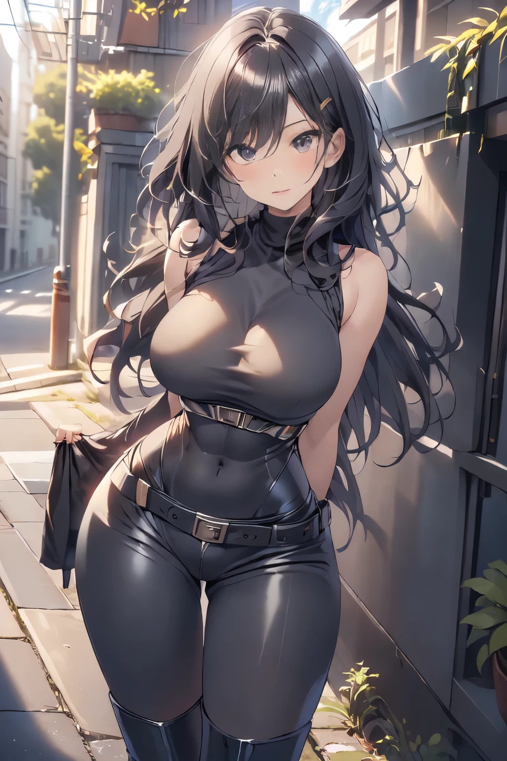 masterpiece, highest quality, Super detailed、1 girl、police officer、Short black hair　wavy hair、Black Eyes、smiling face、narrow eyes、big breasts、black　body suit、whole body、black　pantyhose、whole body、Are standing、black　boots、belt　Large buckle、holster、High leg、modern office、holding a coffee tumbler、coffee、police badge