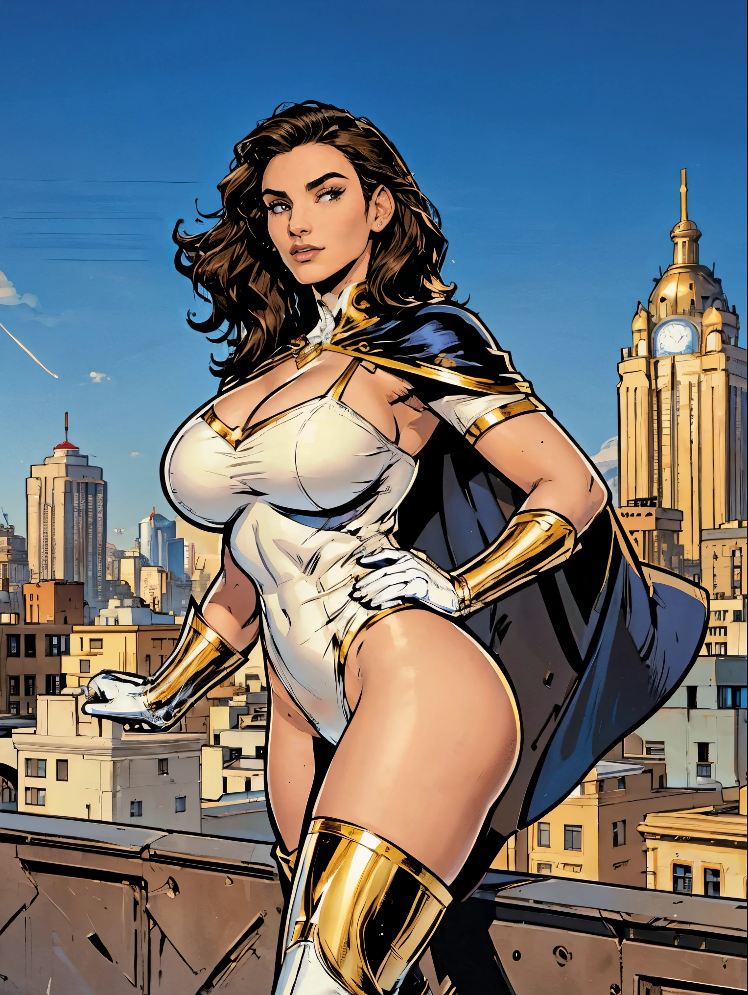 Gorgeous and sultry busty athletic (thin) brunette with sharp facial features and a (large nose) and (huge boobs) wearing a white and gold superhero leotard, cape, gloves, thigh-high boots. City skyline, rooftops, daytime.