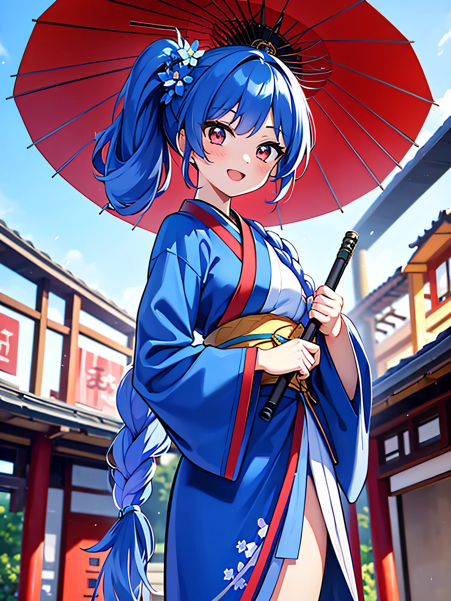 Blue HAIR,side pony tail,highest quality, Ultra-detailed 8k CG rendering, masterpiece, High resolution, Very detailed,
Samurai girl with voluptuous beauty,upper_body,
Small_breasts,
, an asian artist in a Blue japanese dress holding a Blue umbrella, 1girl, solo, umbrella, japanese clothes, flower, twin braids, braid, smile, oil-paper umbrella, skirt, red eyes, kimono, wide sleeves, tail, holding, outdoors, holding umbrella, floral print, Blue flower, long sleeves, :d, looking at viewer, bangs, east asian architecture,, Blue kimono, open mouth, architecture, pleated skirt, black skirt