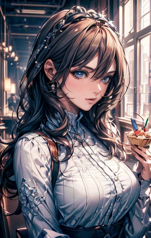 {{masterpiece}}，best quality，Highly detailed CG Unity 8K wallpaper，One woman，movie lighting，lens flare glow,
perfect style, perfect body, clear beautiful eyes, long eyelashes, Eat cake in a café,