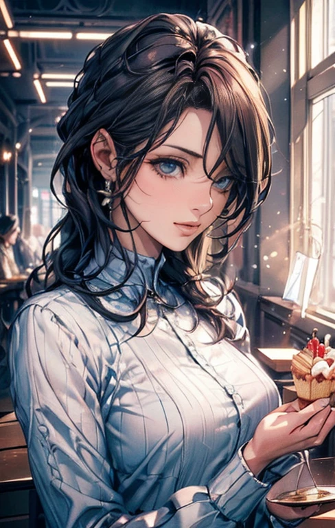 {{masterpiece}}，best quality，Highly detailed CG Unity 8K wallpaper，One woman，movie lighting，lens flare glow,
perfect style, perfect body, clear beautiful eyes, long eyelashes, Eat cake in a café,