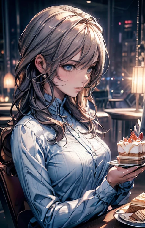 {{masterpiece}},best quality,Highly detailed CG Unity 8K wallpaper,One woman,movie lighting,lens flare glow,
perfect style, perfect body, clear beautiful eyes, long eyelashes, Eat cake in a café,