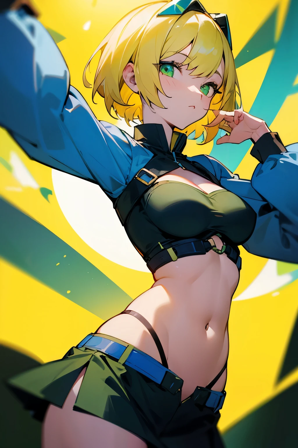 Girl, bee, short yellow hair, yellow eyes, striped bee costume, big breasts, exposed belly, short skirt, blue background