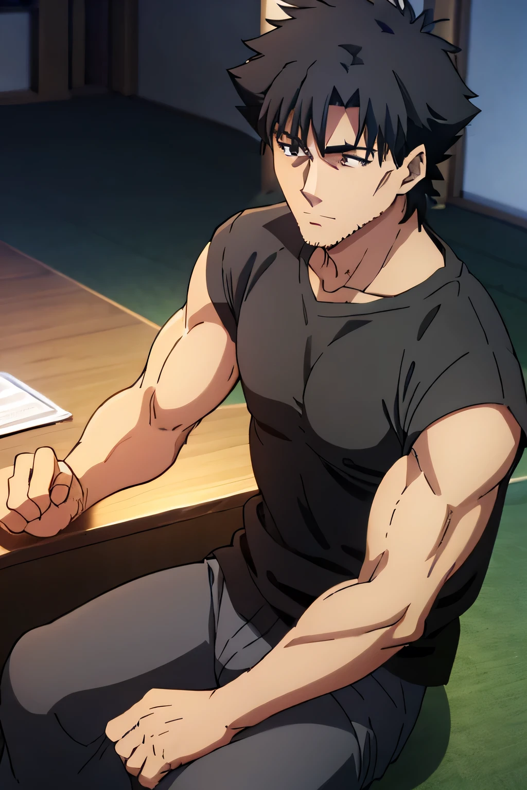 Emiya Kiritsugu is sitting and flexing his forearms. He is wearing a black tshirt with his sleeves completly rolled up so you can see his entire arm and shoulder and black boxershorts. You can see his abs. He has many big veins on his arms.