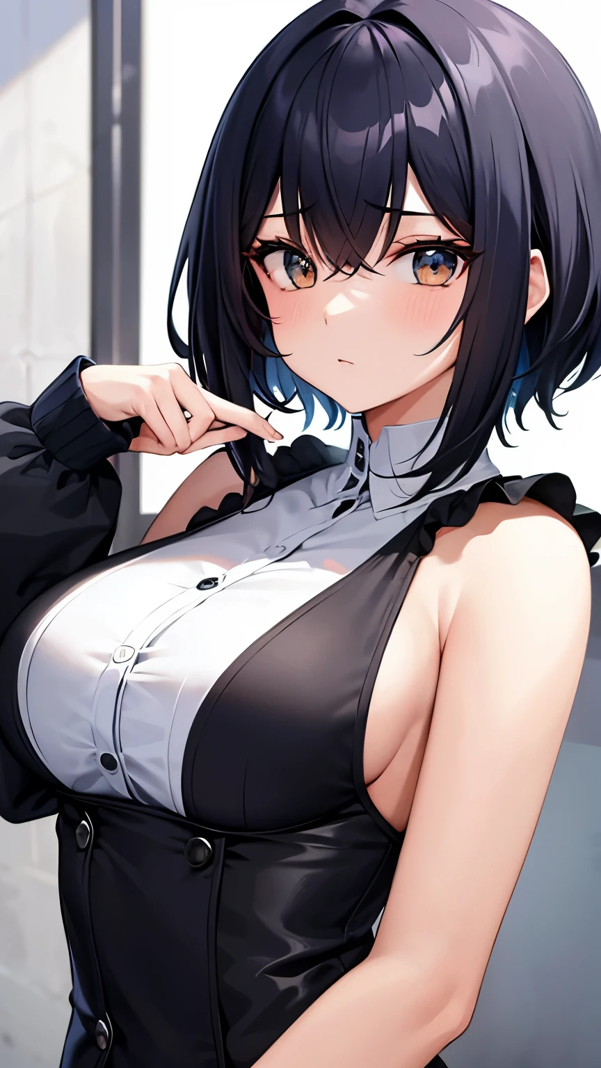Obra de arte, mais alta qualidade, Super detalhado、1 garota、policial、Short Preto Hair　cabelo ondulado、that&#39;s why、Rosto sorridente、olhos estreitos、seios grandes、preto　May、todo o corpo、preto　pantyhose、todo o corpo、They are standing、preto　botas、cinto　Fivela grande、coldre、perna alta、Modern office、Holding a café tumbler、café、police badge