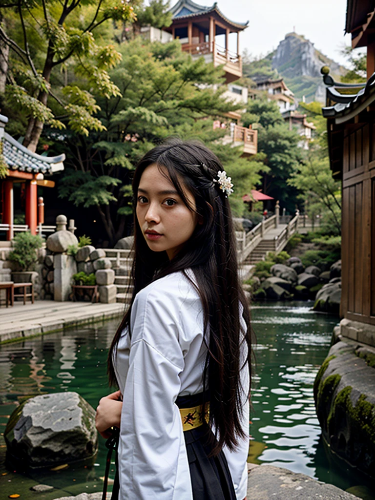 Blaisan girl, chinese, hair ornament, long hair, black hair, hanfu, chinese clothing, mountains, rocks, streams