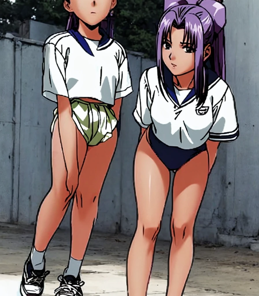 Momoko Koigakubo, a tall girl with beautiful legs, is standing in the school playground with her legs spread to the sides, wearing a white gym uniform and light navy blue bloomers that look like panties.。