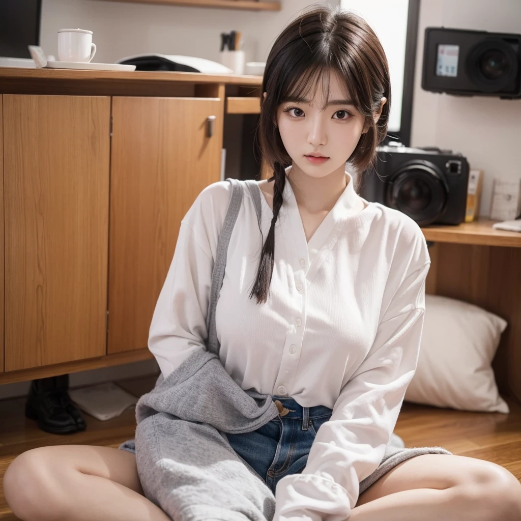 Joven coreana realista con rasgos delicados y femeninos con pelo ondulado tomandose una foto para instagram