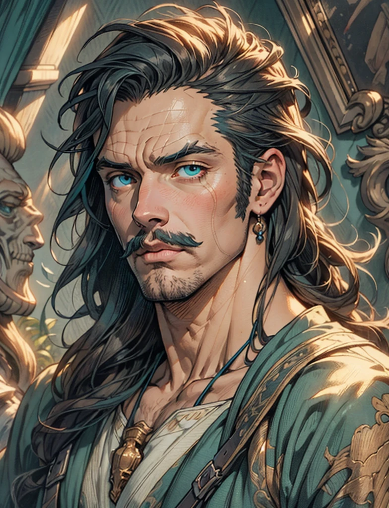 A middle-aged man with mustache, long teal hair, wild and disheveled hairstyle, , this character embodies a finely crafted fantasy-style hunter in anime style, exquisite and mature manga art style, high definition, best quality, highres, ultra-detailed, ultra-fine painting, extremely delicate, professional, anatomically correct, symmetrical face, extremely detailed eyes and face, high quality eyes, creativity, RAW photo, UHD, 8k, Natural light, cinematic lighting, masterpiece-anatomy-perfect, masterpiece:1.5