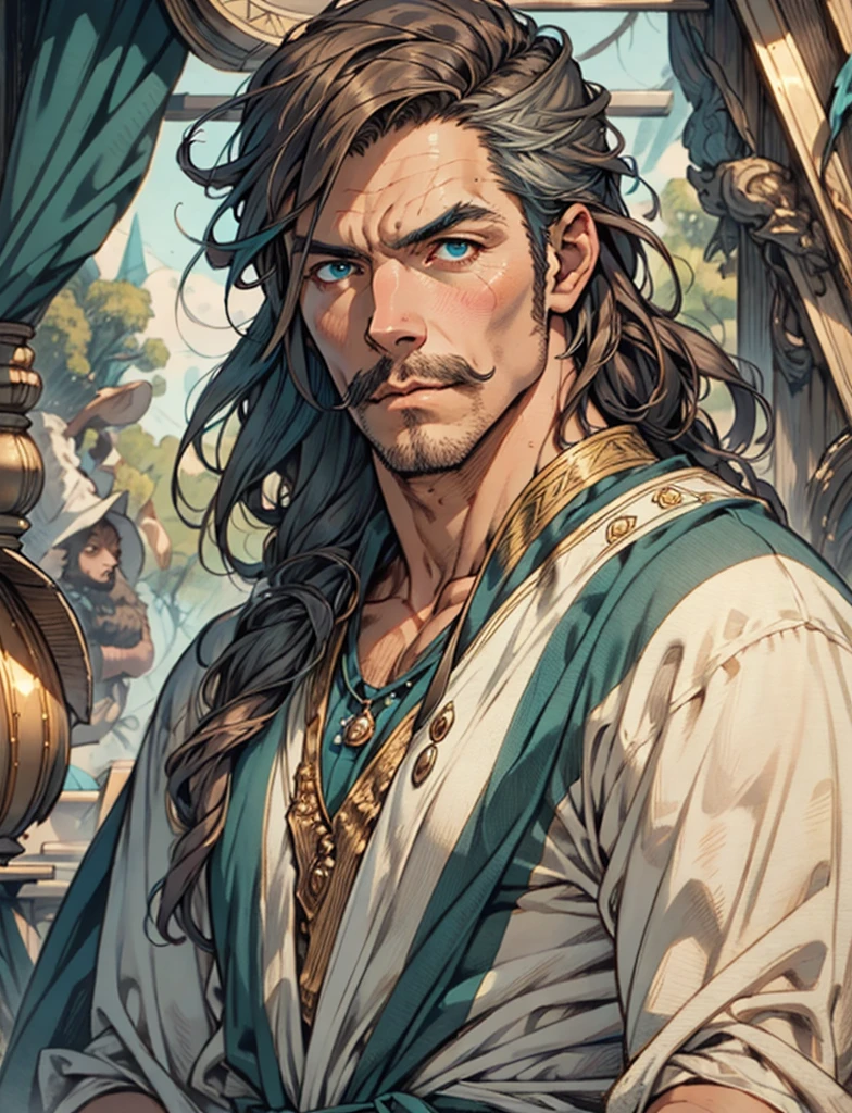 A middle-aged man with mustache, long teal hair, wild and disheveled hairstyle, , this character embodies a finely crafted fantasy-style hunter in anime style, exquisite and mature manga art style, high definition, best quality, highres, ultra-detailed, ultra-fine painting, extremely delicate, professional, anatomically correct, symmetrical face, extremely detailed eyes and face, high quality eyes, creativity, RAW photo, UHD, 8k, Natural light, cinematic lighting, masterpiece-anatomy-perfect, masterpiece:1.5