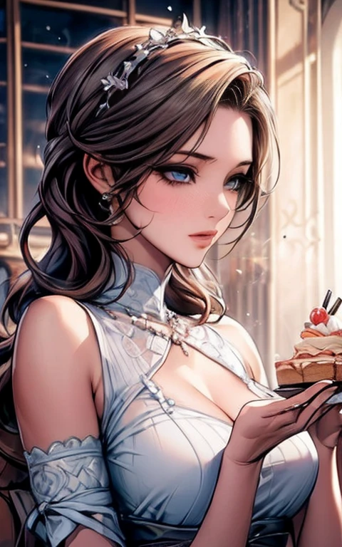 {{masterpiece}}，best quality，Highly detailed CG Unity 8K wallpaper，One woman，movie lighting，lens flare glow,
perfect style, perfect body, clear beautiful eyes, long eyelashes, Eat cake in a café,